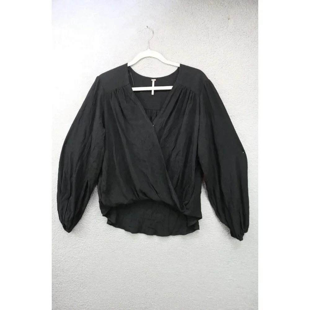 Free People Black Long Puff Sleeve Wrap Top-Small/Petite-Oversized - Picture 1 of 14